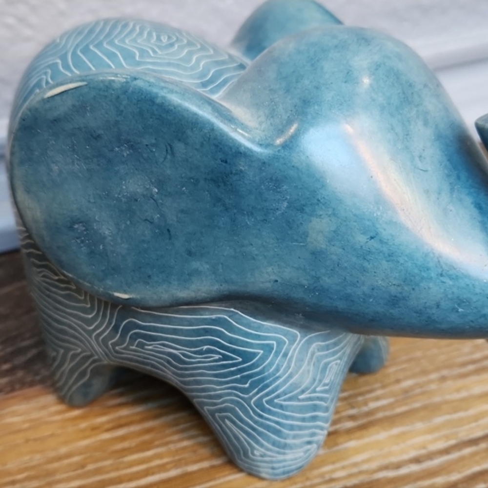 Afrikiko Soapstone Elephant Teal Blue Green White Abstract Circles - Picture 8 of 15